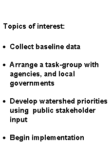 Text Box: Topics of interest:Collect baseline dataArrange a task-group with agencies, and local 
governmentsDevelop watershed priorities using  public stakeholder inputBegin implementation